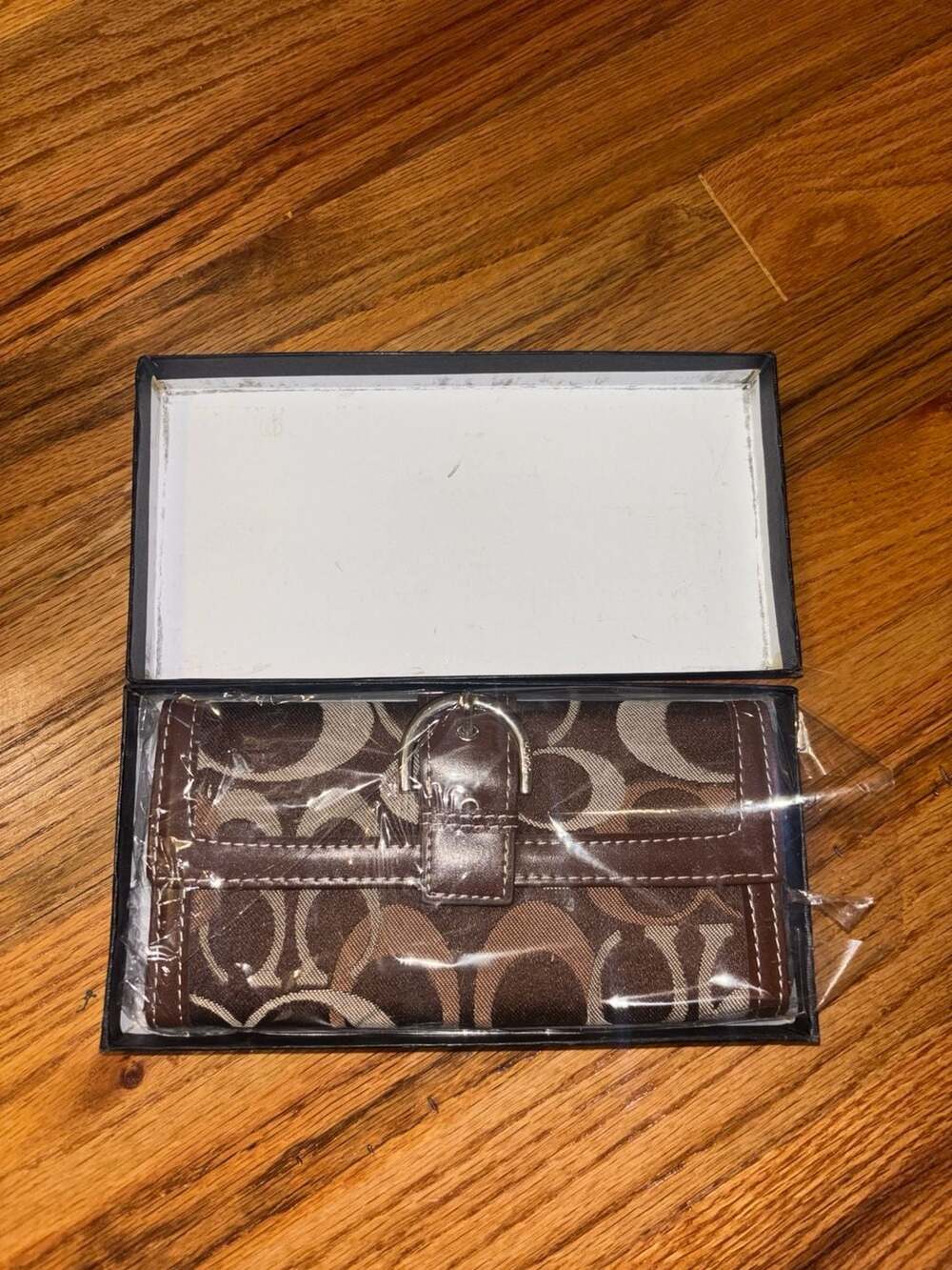 Coach Signature C Brown Canvas Leather Checkbook Wallet With Belt Buckle